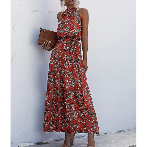 Red Green Floral Ruffle Hem Belted Halter Maxi Dress - Picture 1 of 8